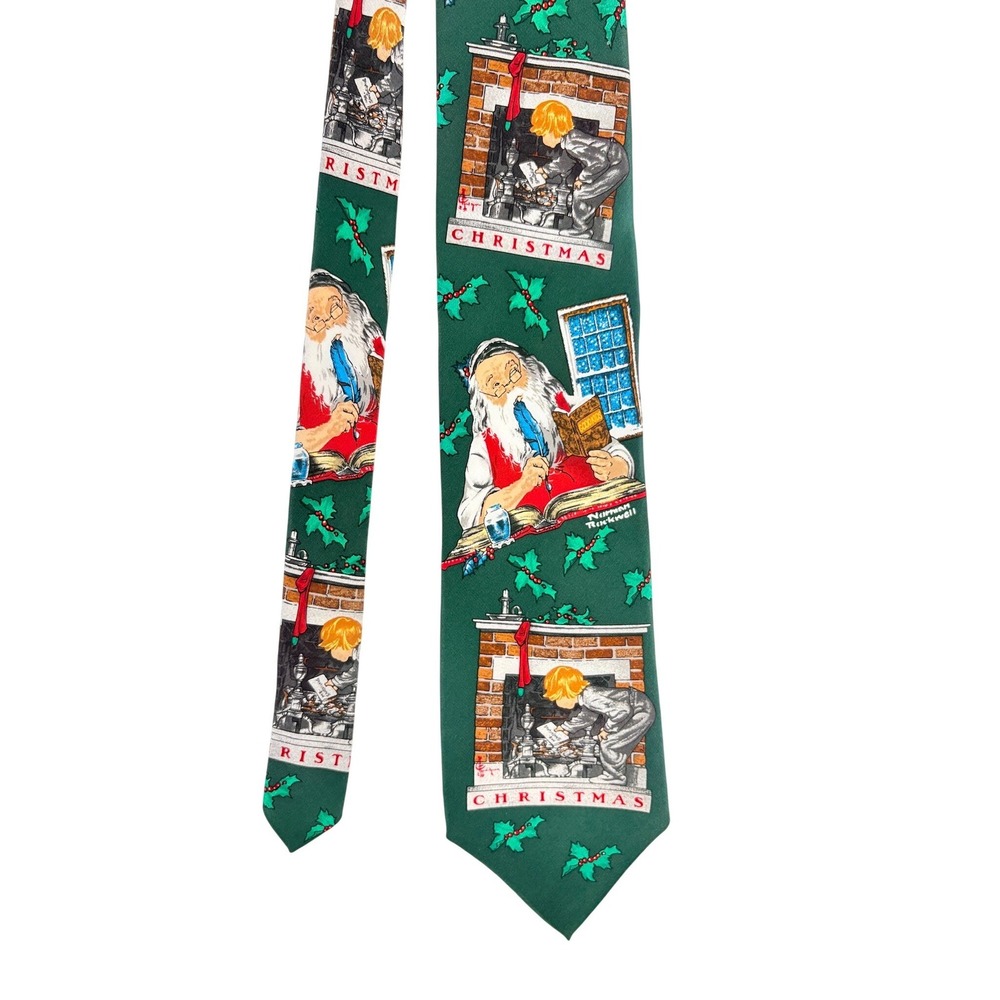 Norman Rockwell Christmas Silk Tie Mens Green‎ Santa Claus Holly Americana Art